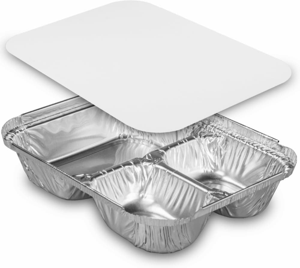 Durable Jumbo 3-Compartment Oblong TV Dinner Aluminum Foil Pan w/Lid 250/CS