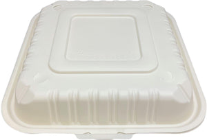 8" x 8" White MFPP Hinged Container with 3 Compartment, 150Pcs/Cs - PCMSLPP803