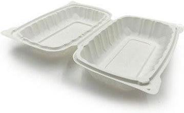 9" x 6" x 3" White Recyclable Microwavable Hinged Container with Lid and 1 Compartment, 250/Cs - PCMSL96W