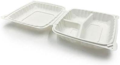 9" x 9" White Receycle Microwavable Hinged Container with 3 Compartment and Lid, 120/Cs - PCMSL93W