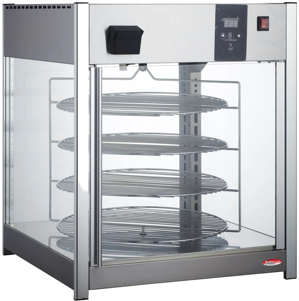 Bakemax - 18" Stainless Steel Four Tier Countertop Electric Rotating Pizza Warmer Display Case - BMPW418