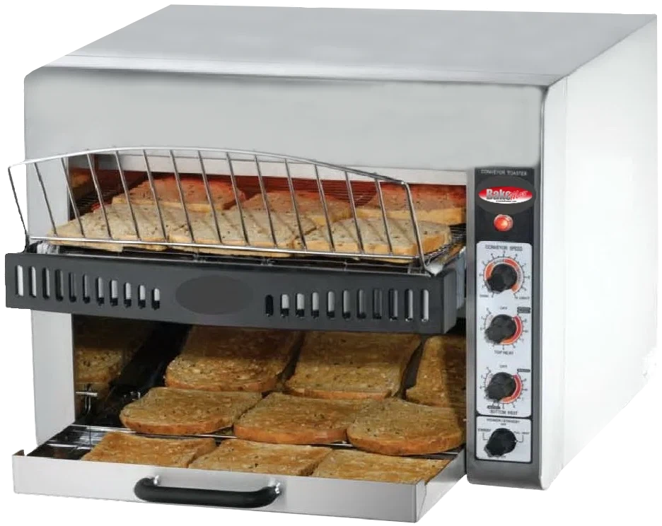 Bakemax - 220V Stainless Steel Commercial Countertop Electric 3-Slice Wide Conveyor Toaster - BMCT450 (Available March)