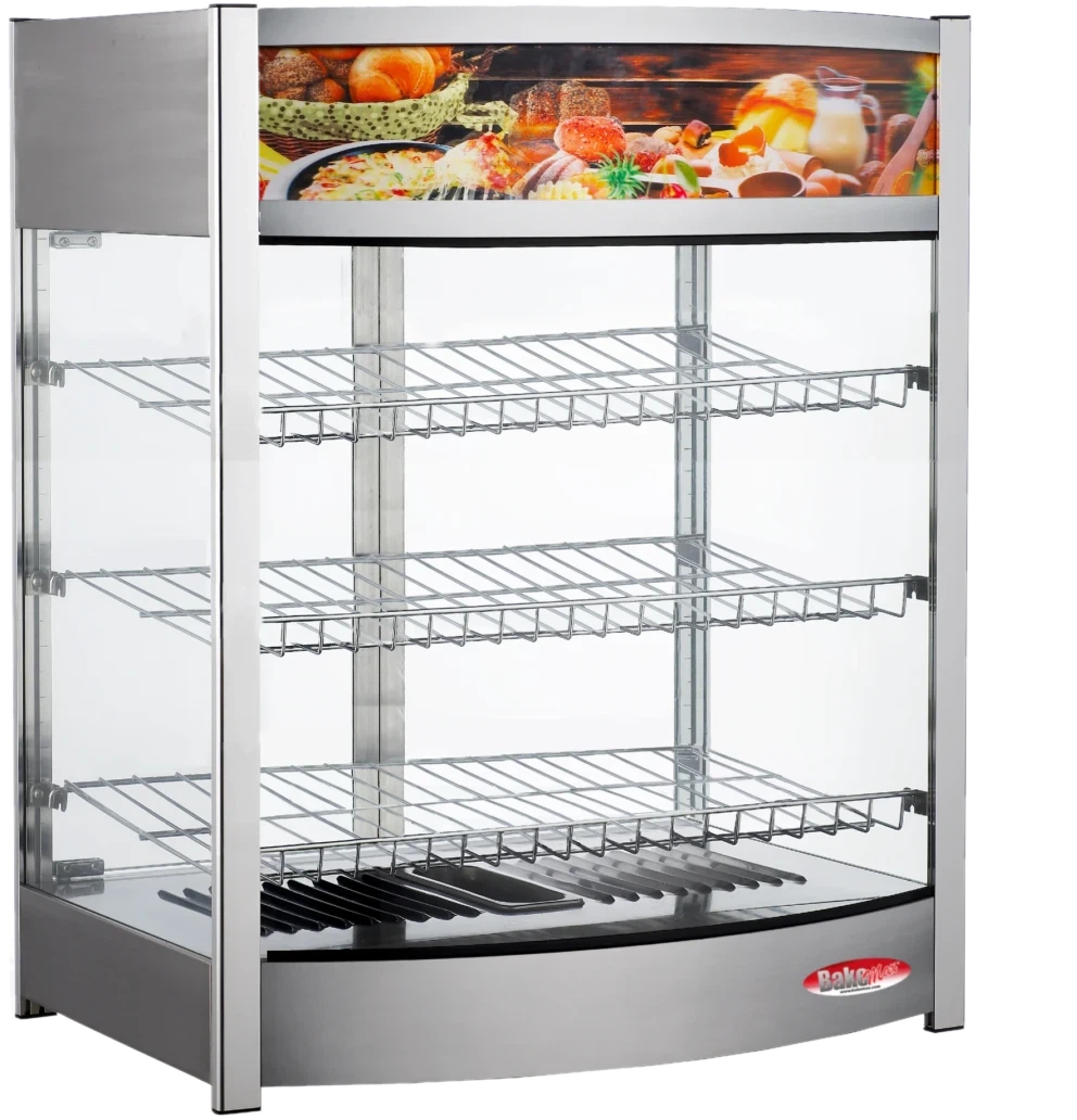 Bakemax - 25", 120V Wide Countertop Full-Service Bowed Face Heated Display Case with LED Lighting - BMCBF25