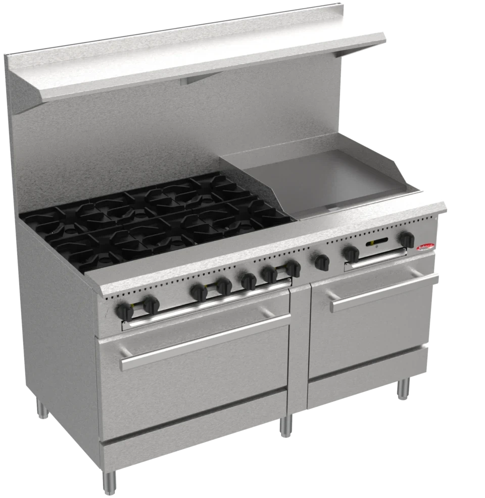 Bakemax - 60" 6 Burner Gas Range with 24 Inch Wide Manual Gas Griddle & Two Bakery Oven - BAS36-24-2