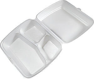 CKF Inc. - 9.3 x 7.8 x 3", FST3 Medium White 3 Compartment Foam Hinged Container, Pack of 250 - 87525