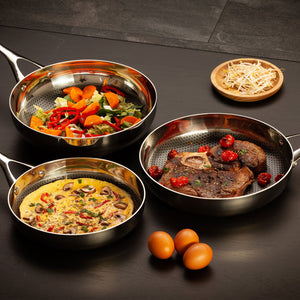 Crowd Cookware - 9",11" Blackbeard Stainless Steel Frying Pans and 11" Wok Pan (24 + 28 cm + Wok 28 cm) - 77524