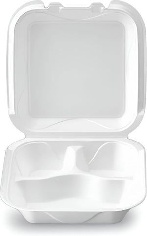 Darnel - 8.4" x 8.4" x 2.8" White Medium Foam 3 Compartment Hinged Container, Pack of 200 - DU4053101