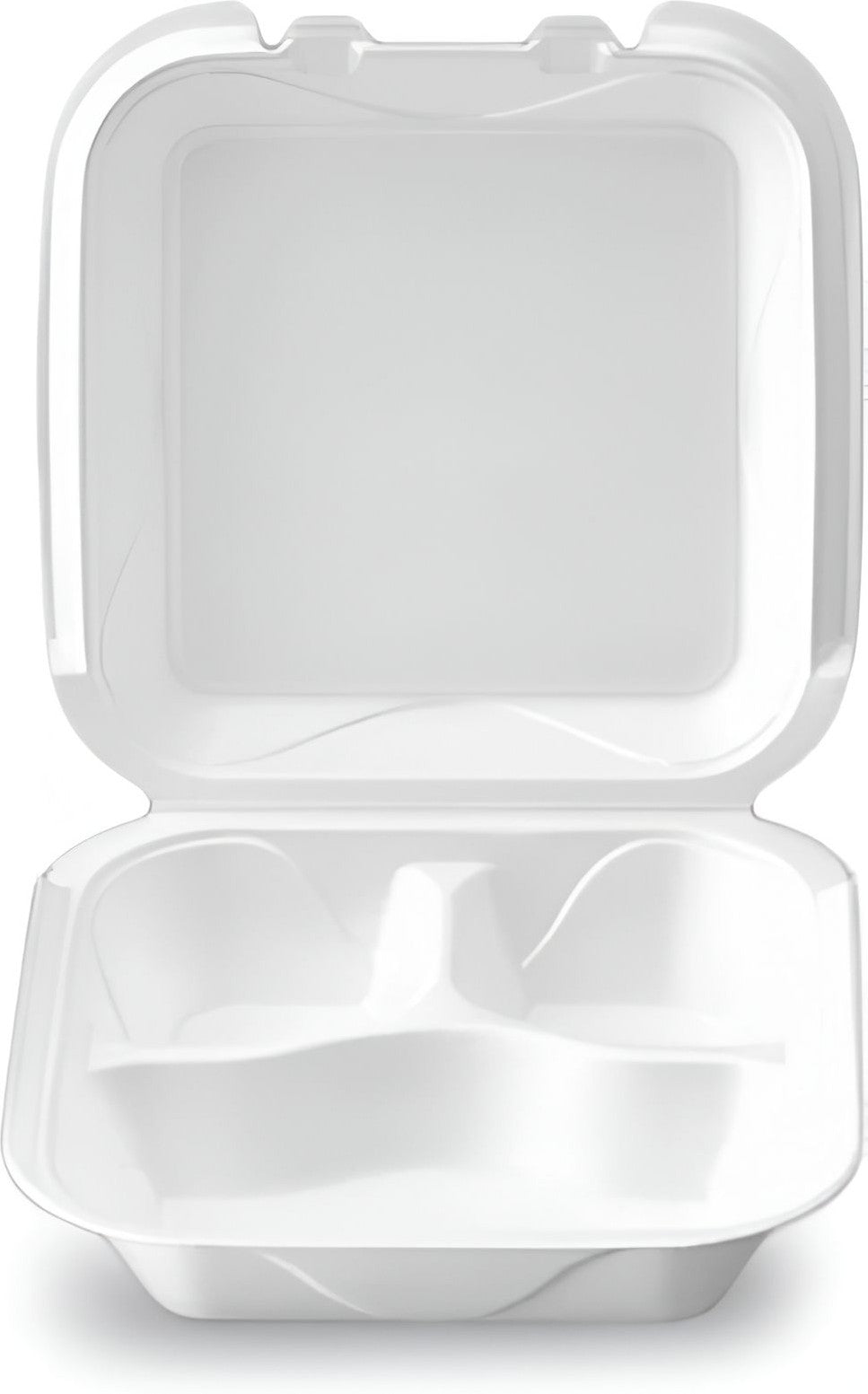 Darnel - 9.18" x 9.18" x 3" White Large Foam 3 Compartment Hinged Container, Pack of 200 - DU4063101