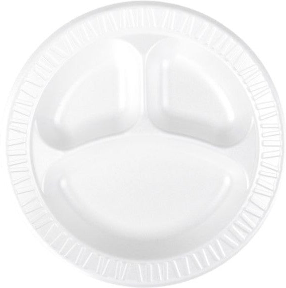 Dart - 10" Non-Laminated Concord White 3 Compartment Foam Plates, Pack of 500 - 10PWR