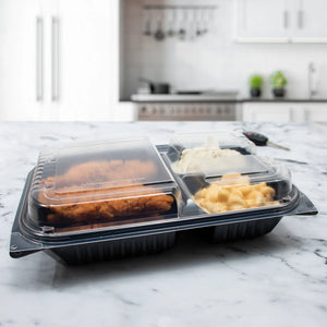 Dart - 11.5" x 8" MPS Plastic Black/Clear Hinged Lid 3-Compartment Dinner Box, 100/Cs - 919019-PM94