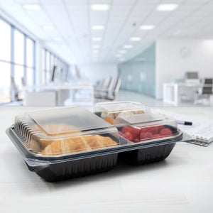 Dart - 11.5" x 8" MPS Plastic Black/Clear Hinged Lid 3-Compartment Dinner Box, 100/Cs - 919019-PM94