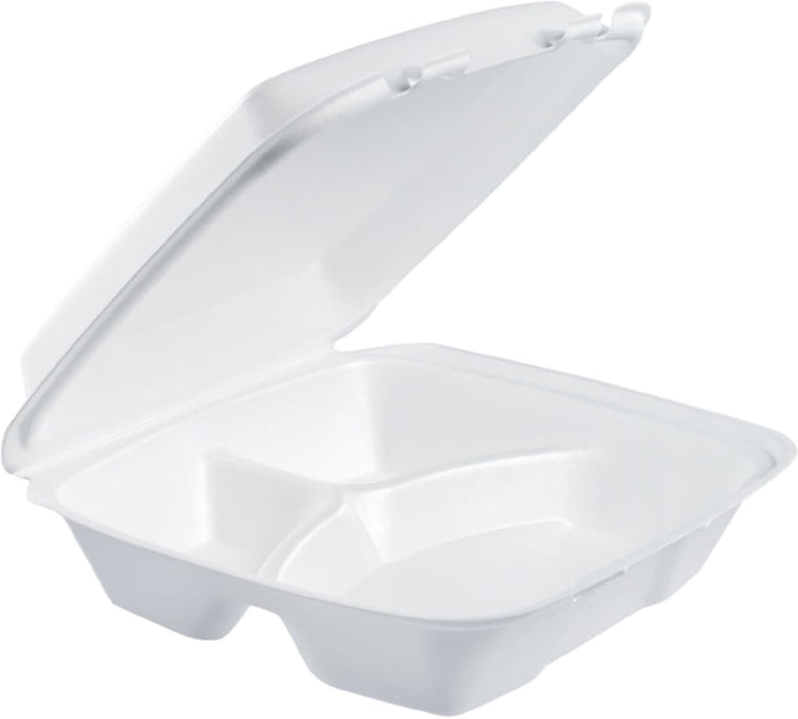 Dart - 9", 9.4" x 9" x 3" Insulated White 3 Compartment Foam Hinged Container, Pack of 200 - 90HT3R