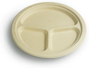 Dart - 9" Natural Paper 3 Compartment Bamboo Plates, Pack of 500 - EWPC9