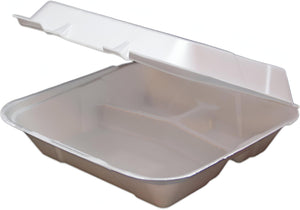 Ecopax - 9.5" X 9.25" X 3.75" Foam White 3 Compartment Hinged Container, 200/Cs - ECORE993