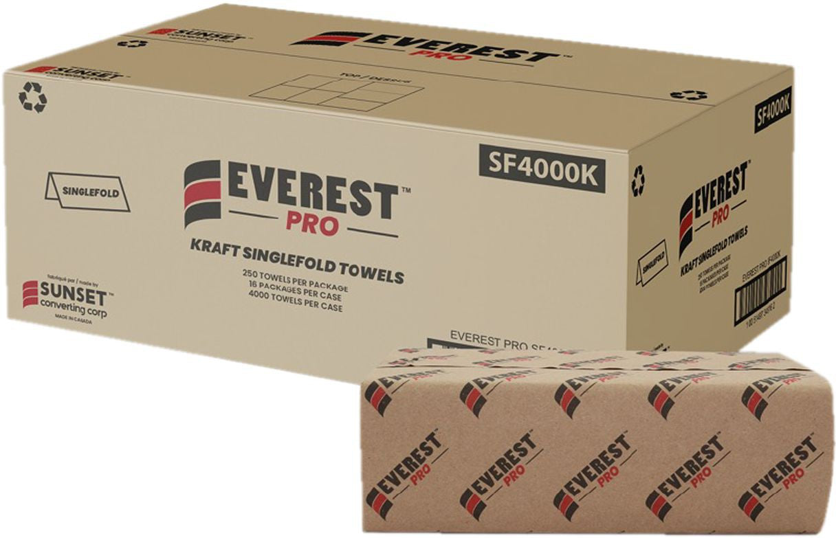 Everest Pro - 250 Sheet Singlefold Kraft Hand Towel, Pack of 4000 - SF4000K