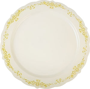 Fineline Settings - 10" Bone Plastic Plate With Gold Trim, Pack of 10 - 5910