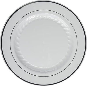 Fineline Settings - 10" White Plastic Round Plate With Silver Bands, Pack of 12 - 510WH