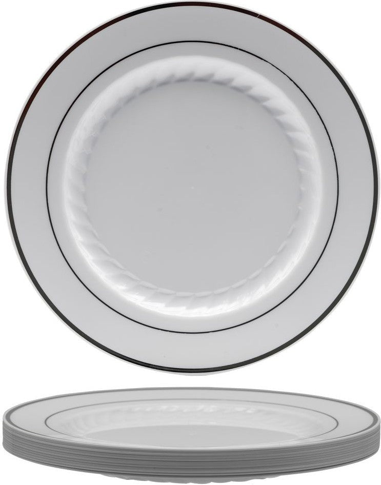 Fineline Settings - 10" White Plastic Round Plate With Silver Bands, Pack of 12 - 510WH