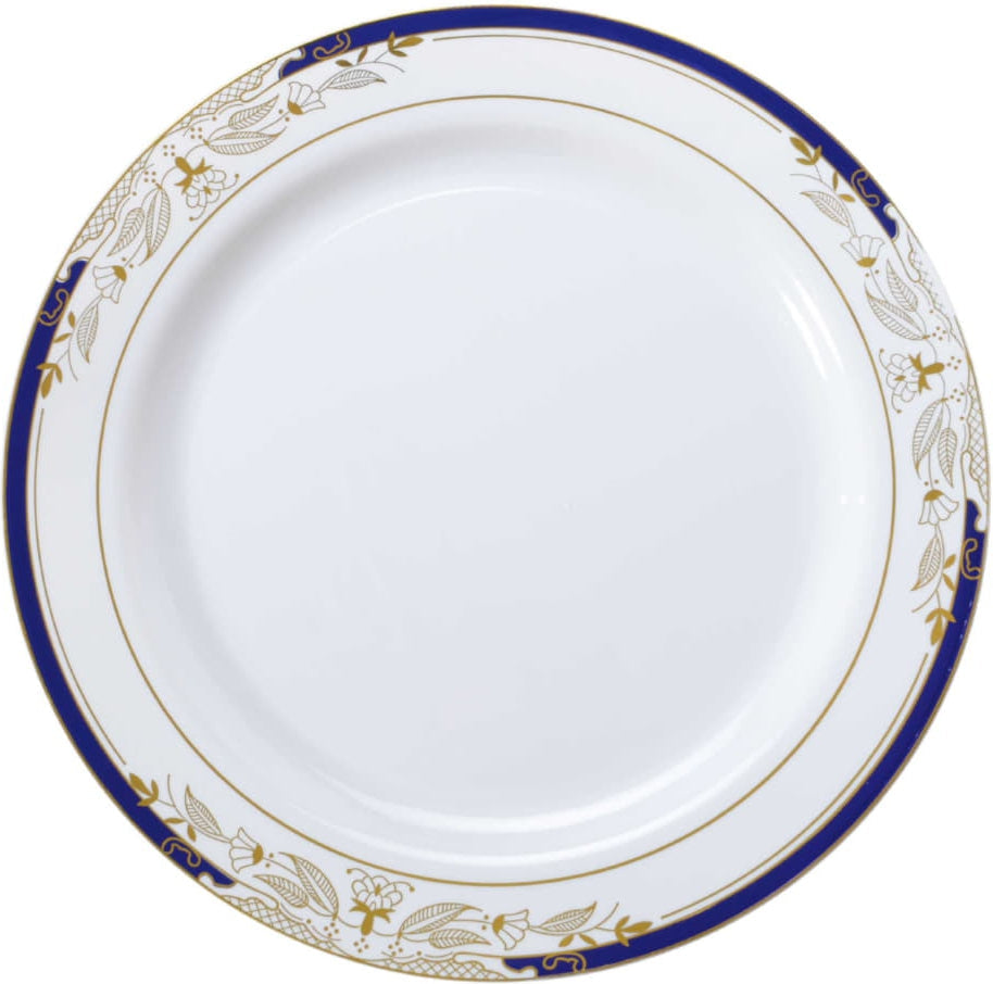 Fineline Settings - 10.25" Signature Blu White Plastic Plates With Blue And Golden Rim, Pack of 120 - 4910WHBG