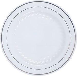 Fineline Settings - 7" White Plastic Round Plate With Silver Bands, Pack of 15 - 507WH