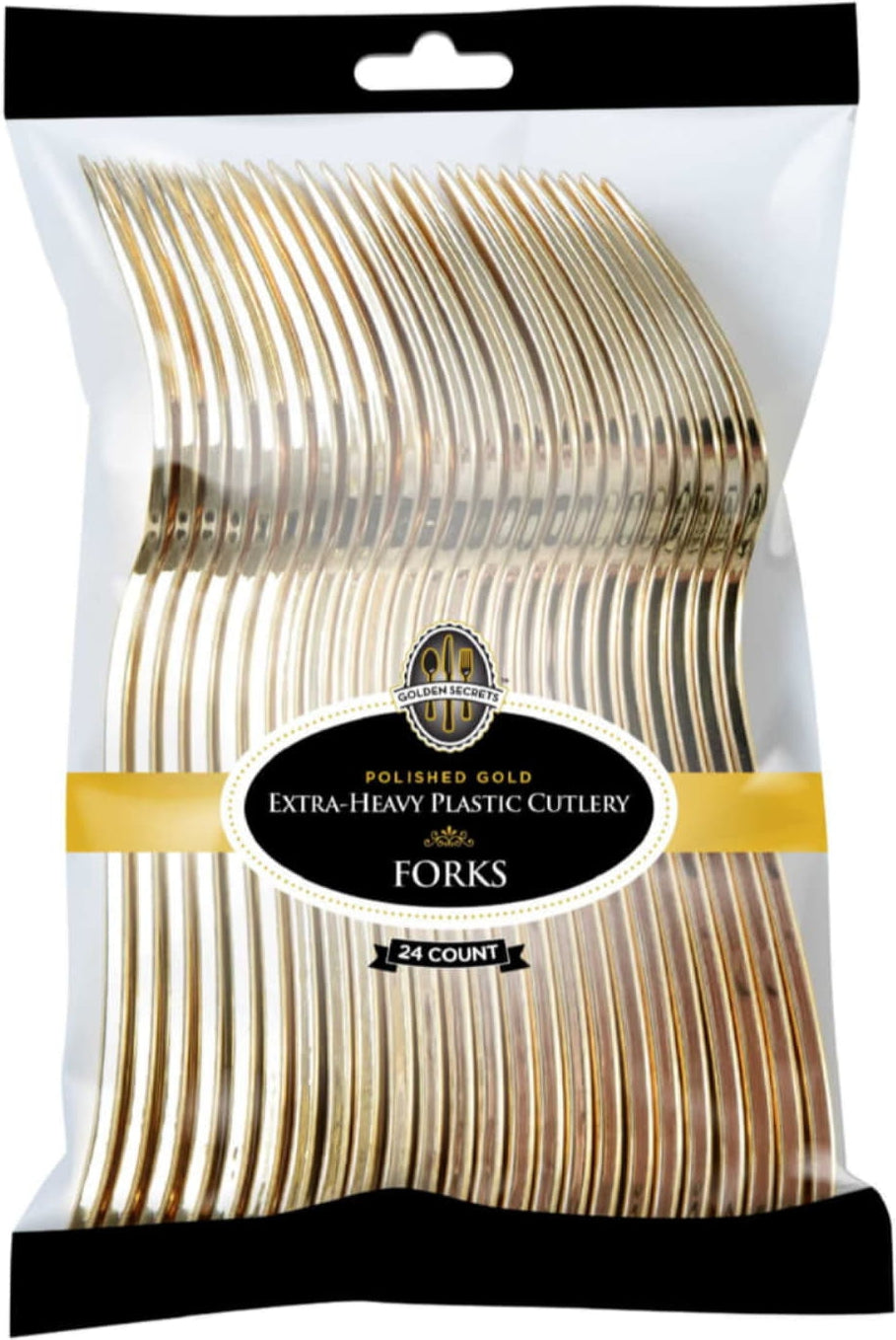 Fineline Settings - 7.25" Heavy Weight Gold Look Plastic Fork, 24 Per Bag, Pack of 16 - 7653