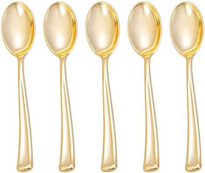 Fineline Settings - 9" Heavy Weight Plastic Serving Spoon Gold Look, Pack of 5 - 768