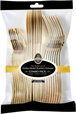 Fineline Settings - Heavy Weight Plastic Cutlery Combo Gold Look, 24 Per Bag, Pack of 16 - 7650