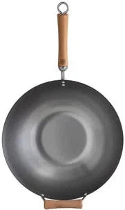 Joyce Chen - Classic Series 14" Uncoated Carbon Steel Flat Bottom Wok Set With Lid and Birch Handles - J21-9972