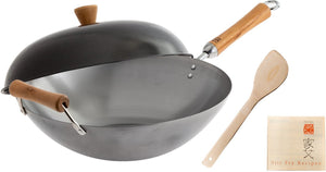 Joyce Chen - Classic Series 14" Uncoated Carbon Steel Flat Bottom Wok Set With Lid and Birch Handles - J21-9972