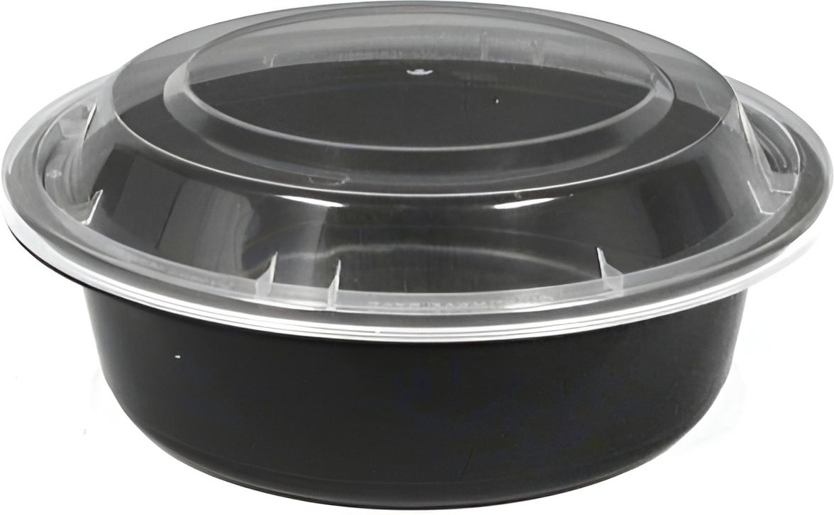 Kari-Out - 16 Oz Medium Round Black Plastic Containers with Lid Combo, Pack of 150 - MT 0610B