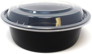 Kari-Out - 24 Oz Medium Round Black Plastic Containers with Lid Combo, Pack of 150 - MT1710B