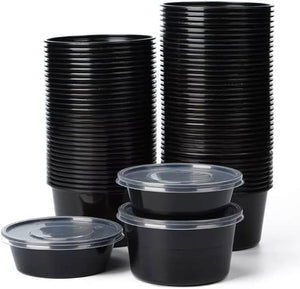 Kari-Out - 24 Oz Medium Round Black Plastic Containers with Lid Combo, Pack of 150 - MT1710B