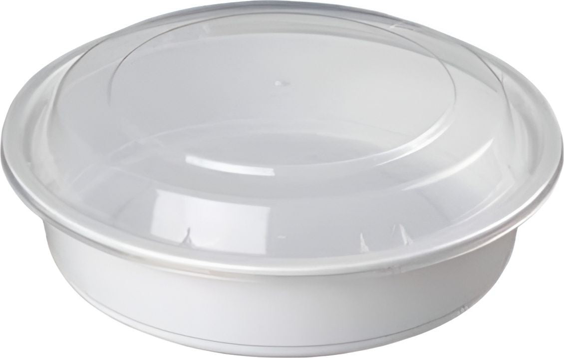 Kari-Out - 24 Oz Medium Round White Plastic Containers with Lid Combo, Pack of 150 - MT1710W