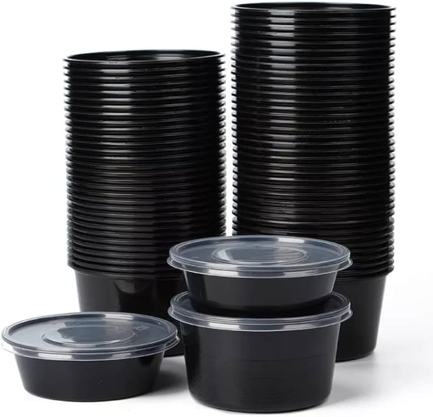 Kari-Out - 7" Shallow Round Black Plastic Containers with Lid Combo Pack of 150 - MK0700B