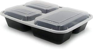 Kari-Out - 9" Black Plastic 3 Compartment Containers with Lid Combo, Pack of 150 - MT3950B