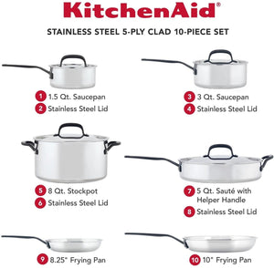 KitchenAid - 10 PC 5-Ply Clad Polished Stainless Steel Cookware Set - 30001-TF05