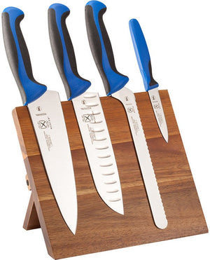 Mercer - 9.5" x 8.6" x 0.75" Acacia Magnetic Board with Japanese Steel Knives with Blue Handle, Set Of 5 - M21982BL