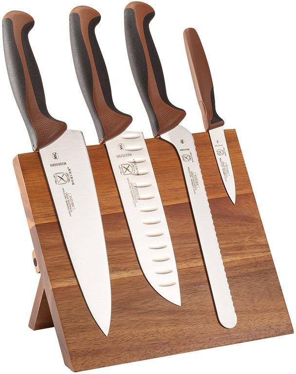 Mercer - 9.5" x 8.6" x 0.75" Acacia Magnetic Board with Japanese Steel Knives with Brown Handle, Set Of 5 - M21982BR