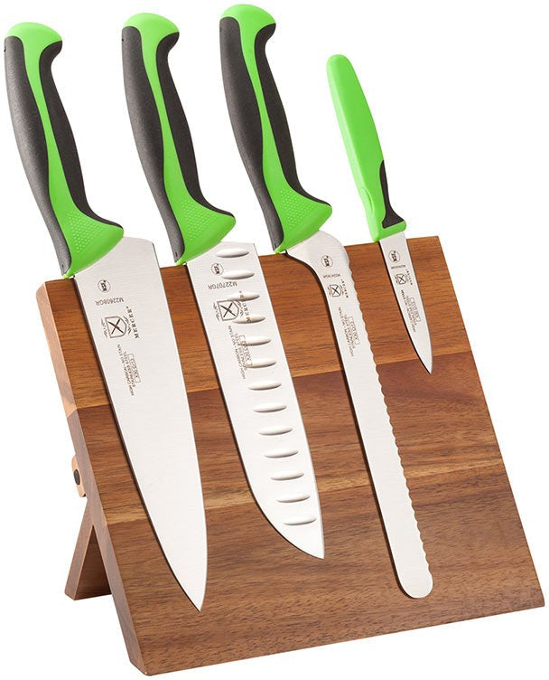 Mercer - 9.5" x 8.6" x 0.75" Acacia Magnetic Board with Japanese Steel Knives with Green Handle, Set Of 5 - M21982GR