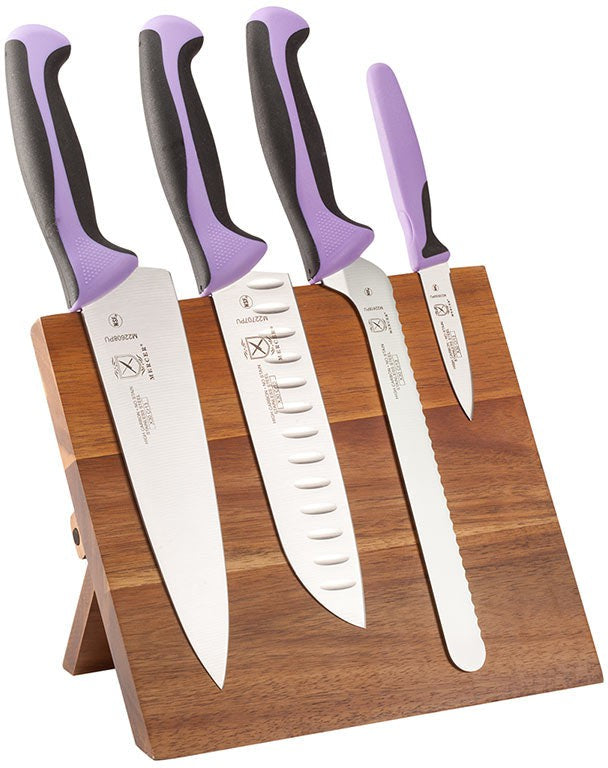 Mercer - 9.5" x 8.6" x 0.75" Acacia Magnetic Board with Japanese Steel Knives with Purple Handle, Set Of 5 - M21982PU