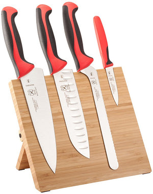 Mercer - 9.5" x 8.6" x 0.75" Bamboo Magnetic Board with German Steel Knives with Red Handle, Set Of 5 - M21981RD