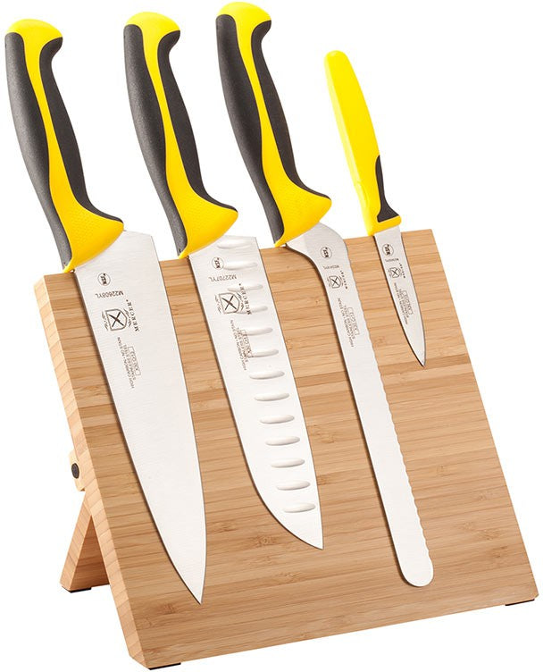 Mercer - 9.5" x 8.6" x 0.75" Bamboo Magnetic Board with German Steel Knives with Yellow Handle, Set Of 5 - M21981YL