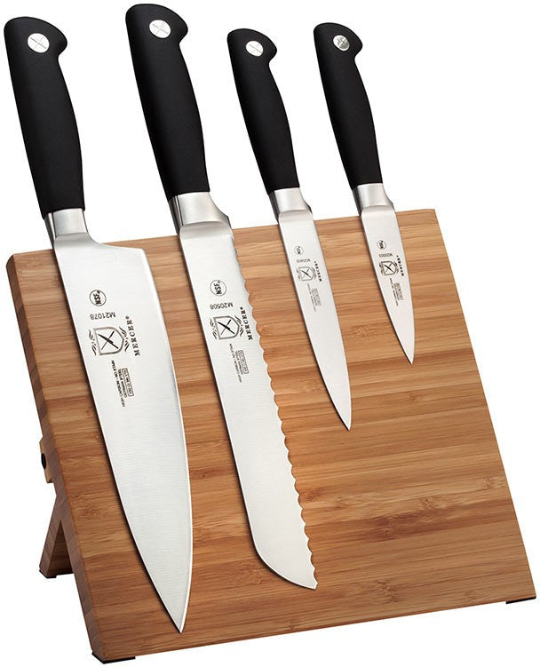 Mercer - 9.5" x 8.6" x 0.75" Genesis® Bamboo Wood Magnetic Board and Black German Steel Knives, Set Of 5 - M21960BM