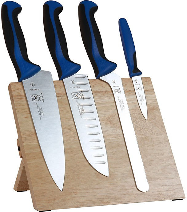 Mercer - 9.5" x 8.6" x 0.75" Rubberwood Magnetic Board with Japanese Steel Knives with Blue Handle, Set Of 5 - M21980BL