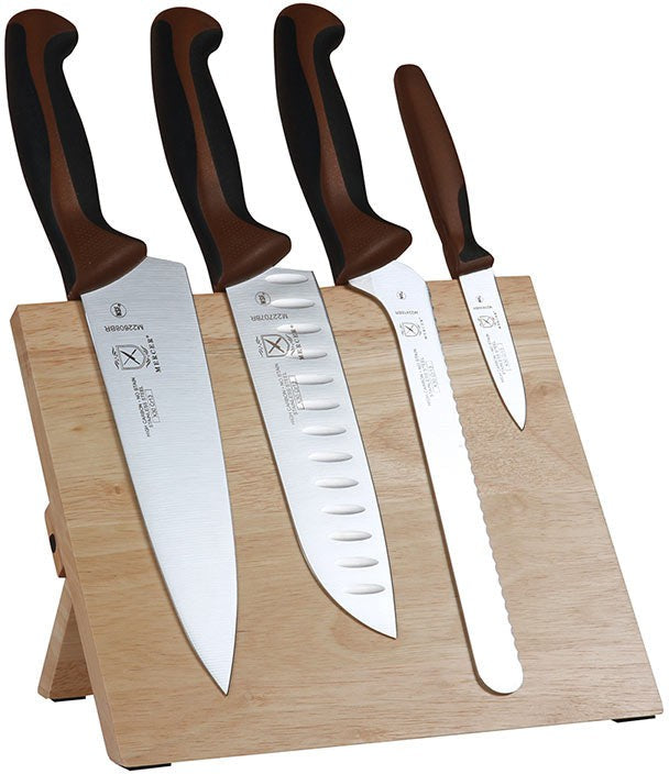 Mercer - 9.5" x 8.6" x 0.75" Rubberwood Magnetic Board with Japanese Steel Knives with Brown Handle, Set Of 5 - M21980BR