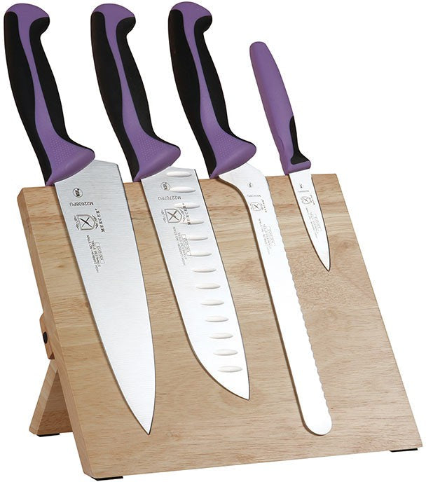 Mercer - 9.5" x 8.6" x 0.75" Rubberwood Magnetic Board with Japanese Steel Knives with Purple Handle, Set Of 5 - M21980PU