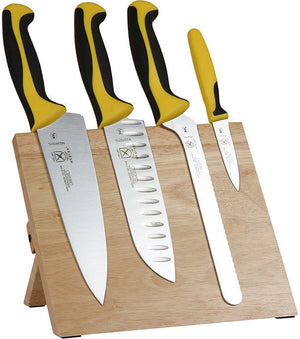 Mercer - 9.5" x 8.6" x 0.75" Rubberwood Magnetic Board with Japanese Steel Knives with Yellow Handle, Set Of 5 - M21980YL