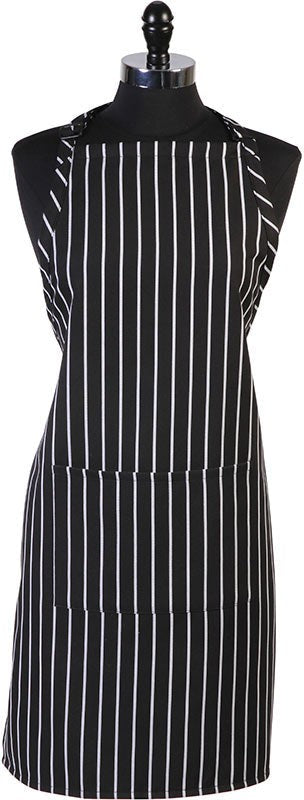 Mercer - Genesis 33" x 23" Poly Cotton Black with White Chalk Stripe Bib Apron with Pocket - M61110BCS