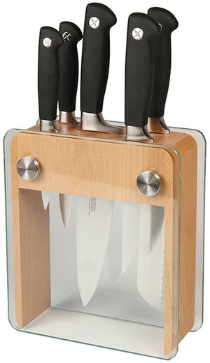 Mercer - Genesis 8" x 3.25" x 9" Beech Wood and Tempered Glass Knife Block and German Steel Knives, Set Of 6 - M20050