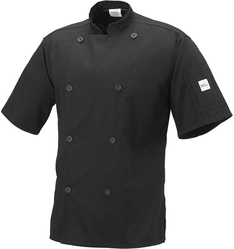 Mercer - Genesis® Black Poly Cotton Unisex Short Sleeve Chef Jackets with Traditional Button - M61012BK